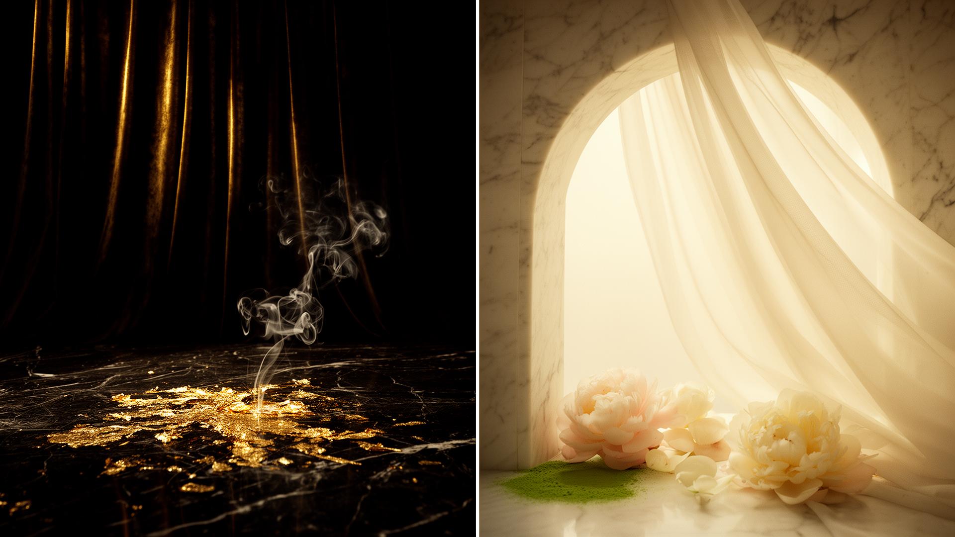 Editorial diptych — onyx and ivory halves evoking the dark and light registers of the archive